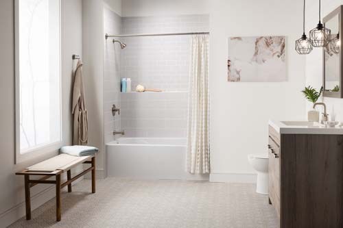 Bathroom with shower/bath view. White tiling and walling.